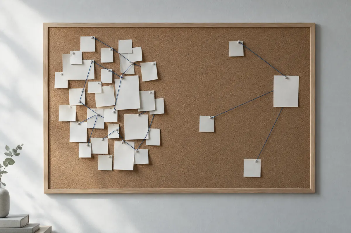 A cork board with a dense cluster of blank paper notes on the left and a few widely spaced notes on the right, some joined by blue thread.