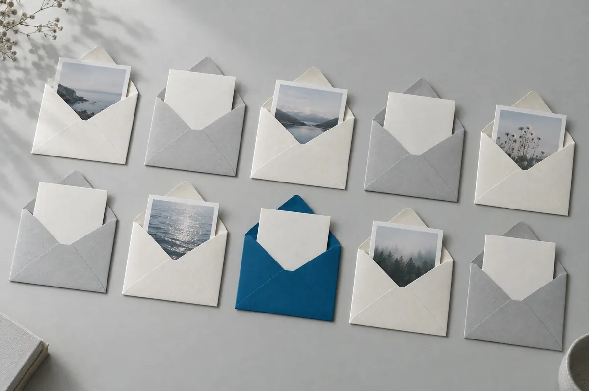 Two rows of open envelopes on a grey desk, some holding a small landscape photograph and others a plain folded sheet.