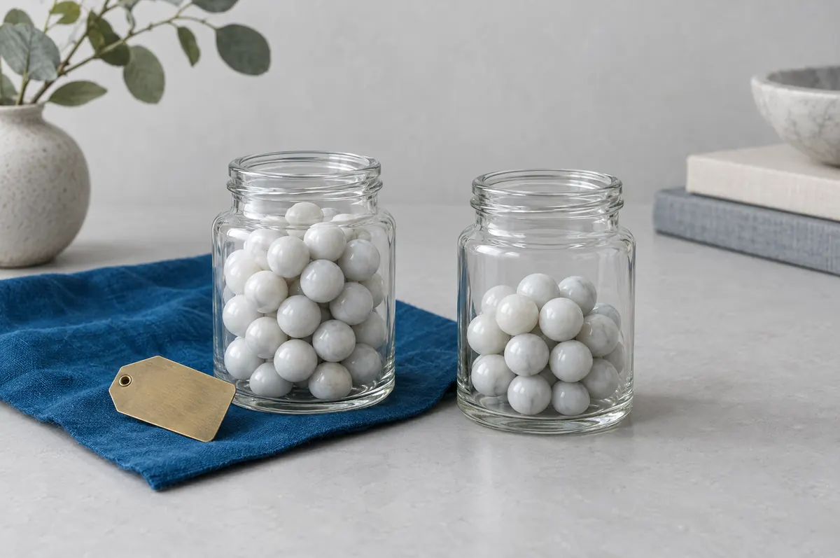 Two glass jars of white marbles on a grey desk, one slightly fuller than the other, with a blank brass tag beside the fuller jar.