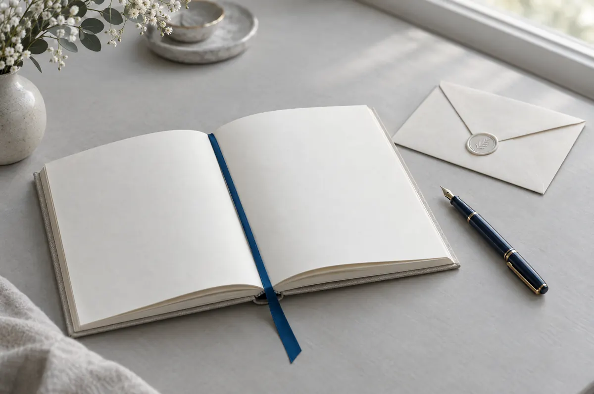 An open guest book with blank pages on a grey desk, a fountain pen beside it and a sealed envelope.