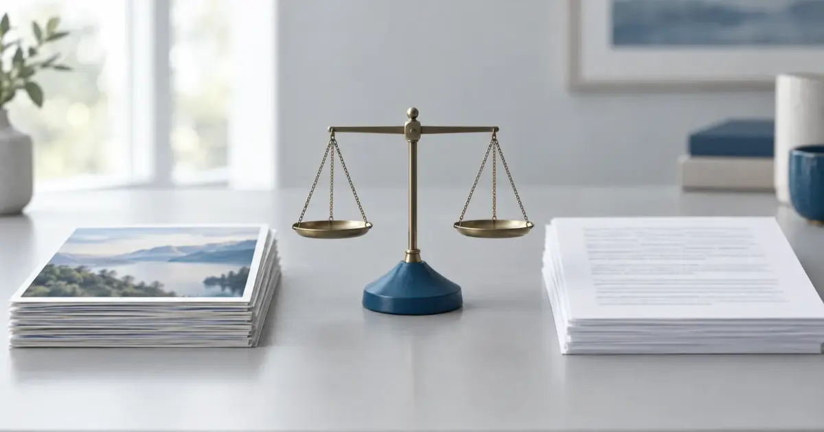A small balance scale standing level between a stack of landscape photographs and a stack of typed pages.