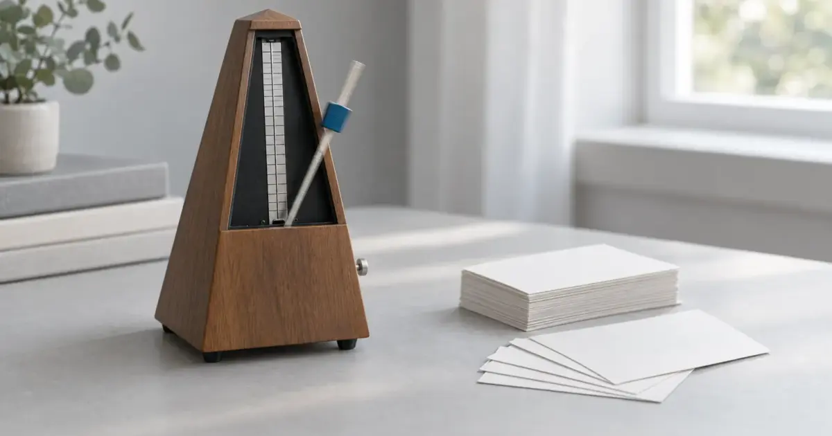 A wooden metronome mid-swing on a grey desk next to a stack of blank index cards.