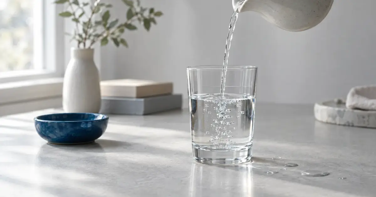 A glass of water on a grey desk being topped back up from a ceramic pitcher, beside a small blue bowl.