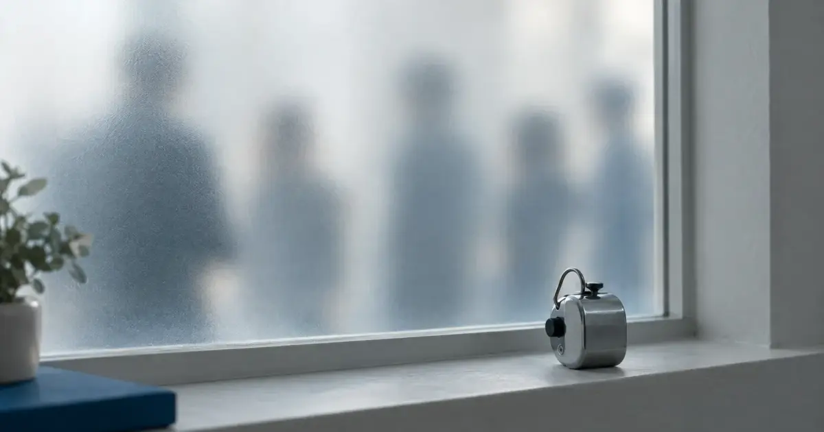 Blurred figures behind a frosted window, with a small tally counter on the sill in front.